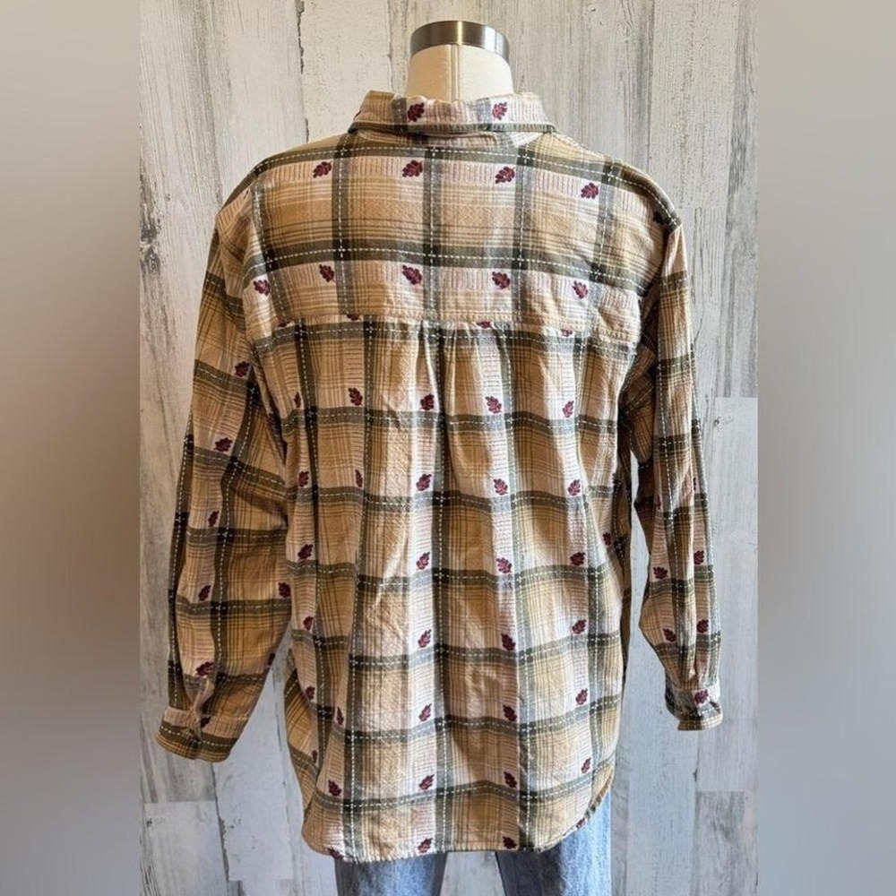 Vintage Plaid Button-Up Shirt 1X Cozy Fall Style Leaf Accents Thanksgiving - Picture 3 of 7